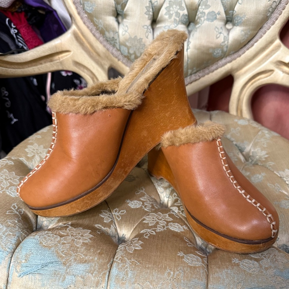 Very Volatile Tan and Brown Mules with Wooden Sole